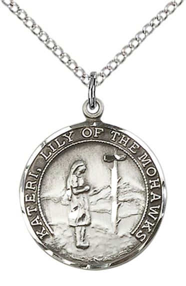 STERLING SILVER ST KATERI PENDANT WITH CHAIN - 3/4" x 5/8"