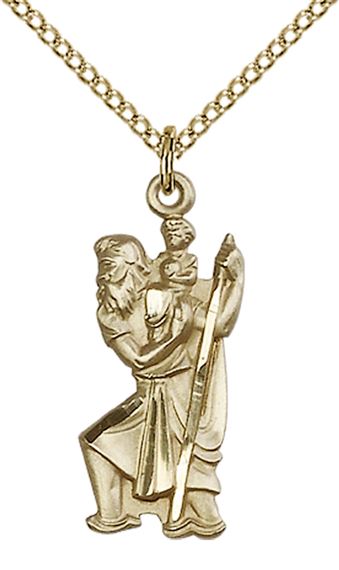 14KT GOLD FILLED ST CHRISTOPHER PENDANT WITH CHAIN - 7/8" x 3/8"