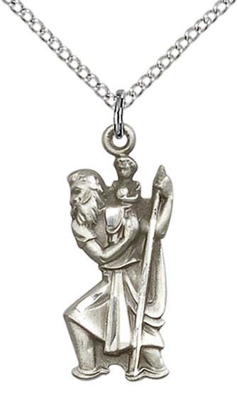 STERLING SILVER ST CHRISTOPHER PENDANT WITH CHAIN - 7/8" x 3/8"
