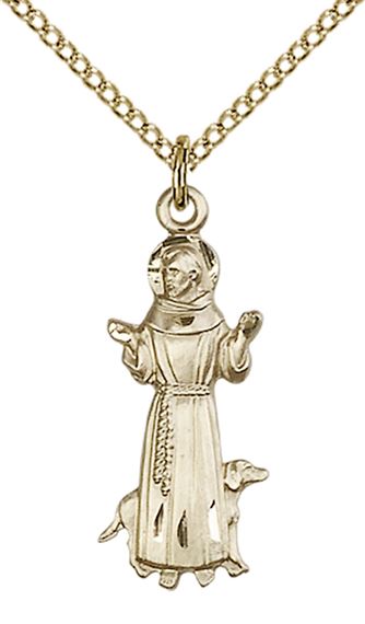 14KT GOLD FILLED ST FRANCIS PENDANT WITH CHAIN - 1" x 3/8"
