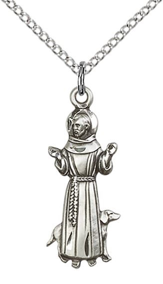 STERLING SILVER ST FRANCIS PENDANT WITH CHAIN - 1" x 3/8"