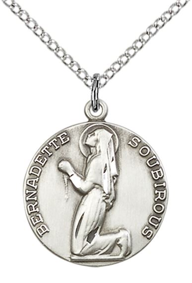 STERLING SILVER ST BERNADETTE PENDANT WITH CHAIN - 3/4" x 5/8"