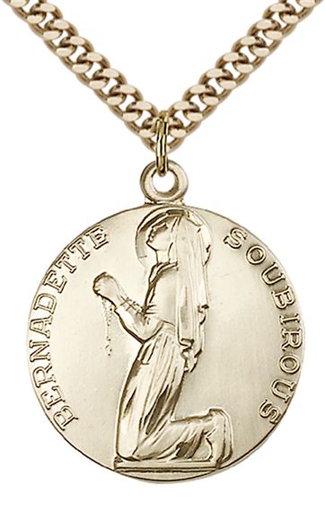 14KT GOLD FILLED ST BERNADETTE PENDANT WITH CHAIN - 1" x 7/8"