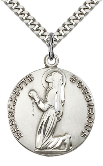 STERLING SILVER ST BERNADETTE PENDANT WITH CHAIN - 1" x 7/8"