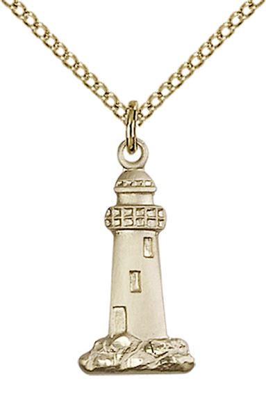14KT GOLD FILLED LIGHTHOUSE PENDANT WITH CHAIN - 3/4" x 3/8"