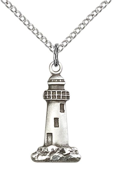 STERLING SILVER LIGHTHOUSE PENDANT WITH CHAIN - 3/4" x 3/8"