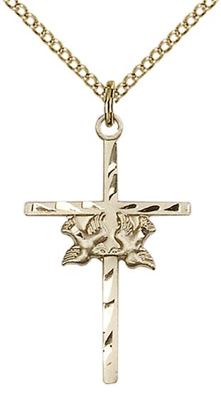 14KT GOLD FILLED DOVES CROSS PENDANT WITH CHAIN - 1" x 5/8"