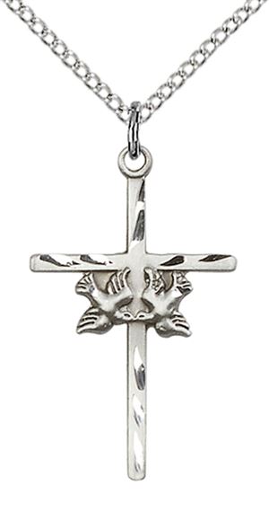 STERLING SILVER DOVES CROSS PENDANT WITH CHAIN - 1" x 5/8"