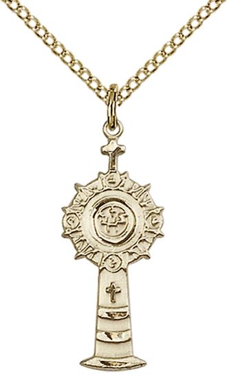 14KT GOLD FILLED MONSTRANCE PENDANT WITH CHAIN - 1" x 3/8"