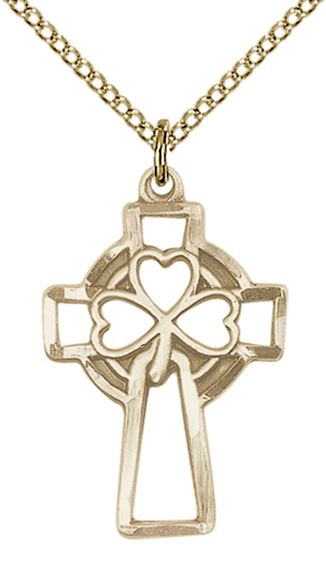 14KT GOLD FILLED SHAMROCK CROSS PENDANT WITH CHAIN