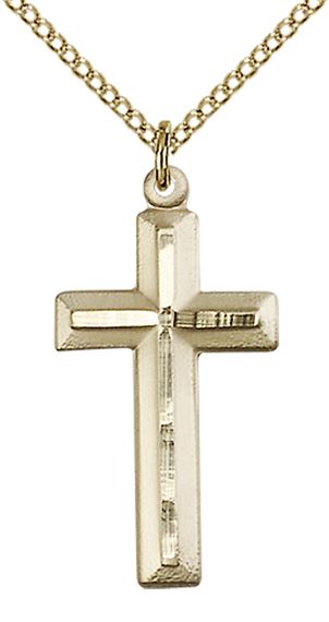 14KT GOLD FILLED CROSS PENDANT WITH CHAIN - 1 1/8" x 1/2"