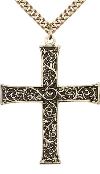 14KT GOLD FILLED CROSS PENDANT WITH CHAIN - 1 5/8" x 1 1/4"
