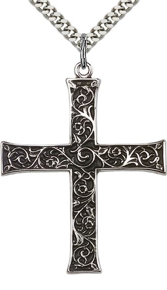 STERLING SILVER CROSS PENDANT WITH CHAIN - 1 5/8" x 1 1/4"