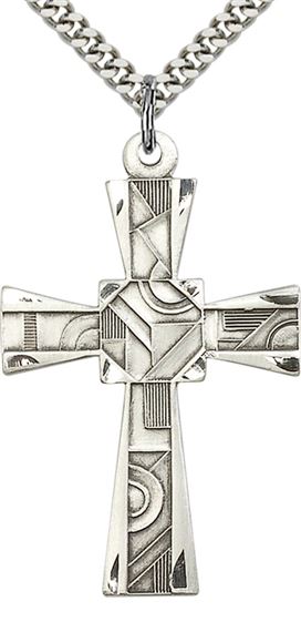STERLING SILVER MOSAIC CROSS PENDANT WITH CHAIN - 1 5/8" x 1"
