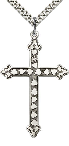 STERLING SILVER HEART CROSS PENDANT WITH CHAIN - 1 5/8" x 1"