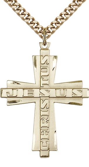 14KT GOLD FILLED JESUS CHRISTUS CROSS PENDANT WITH CHAIN - 1 3/8" x 1"