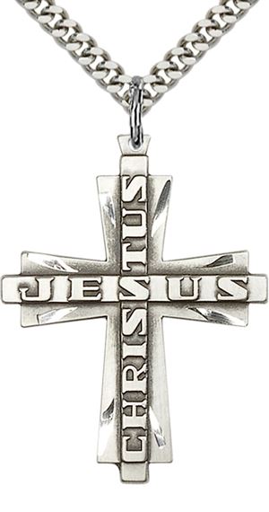 STERLING SILVER JESUS CHRISTUS CROSS PENDANT WITH CHAIN - 1 3/8" x 1"