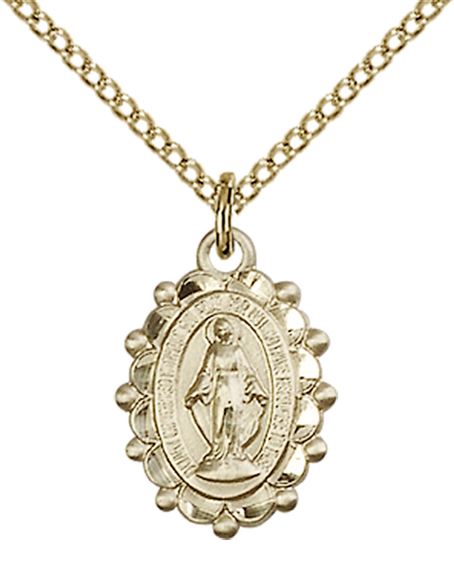 14KT GOLD FILLED MIRACULOUS PENDANT WITH CHAIN - 5/8" x 3/8"