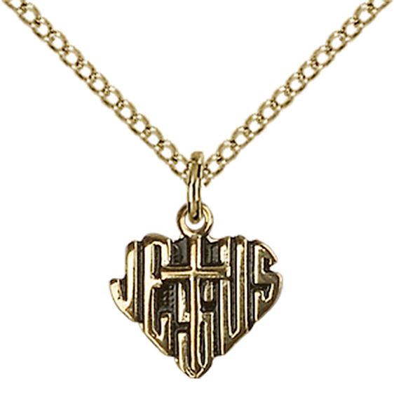 14KT GOLD FILLED HEART OF JESUS W-CROSS PENDANT WITH CHAIN - 3/8" x 3/8"