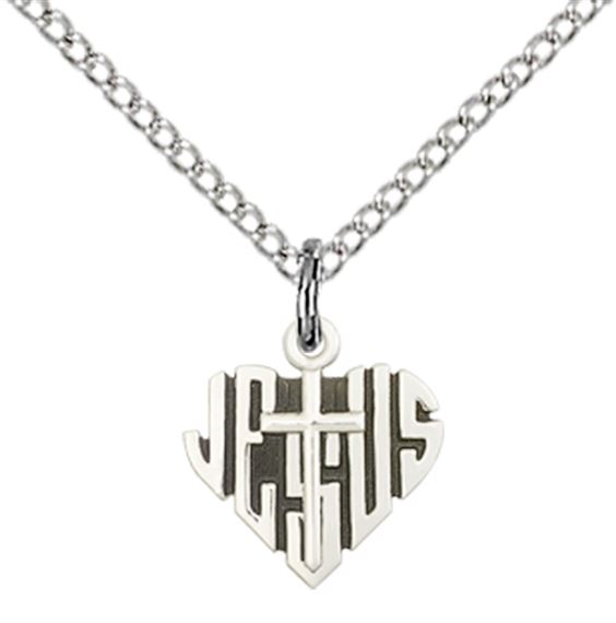 STERLING SILVER HEART OF JESUS W-CROSS PENDANT WITH CHAIN - 3/8" x 3/8"