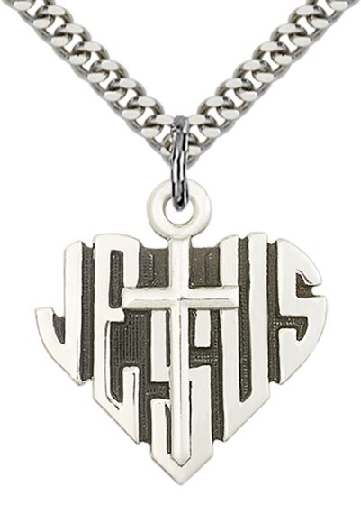 STERLING SILVER HEART OF JESUS W-CROSS PENDANT WITH CHAIN - 7/8" x 7/8"