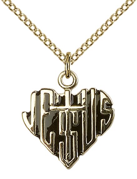 14KT GOLD FILLED HEART OF JESUS W-CROSS PENDANT WITH CHAIN - 5/8" x 5/8"