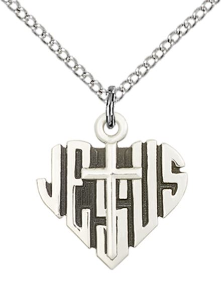 STERLING SILVER HEART OF JESUS W-CROSS PENDANT WITH CHAIN - 5/8" x 5/8"