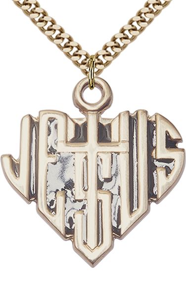 14KT GOLD FILLED HEART OF JESUS W-CROSS PENDANT WITH CHAIN - 1 1/8" x 1 1/8"