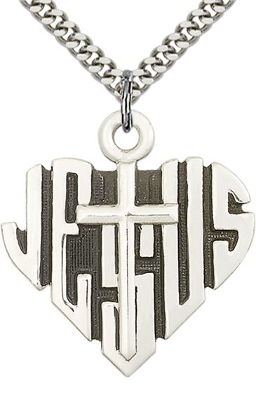 STERLING SILVER HEART OF JESUS W-CROSS PENDANT WITH CHAIN - 1 1/8" x 1 1/8"