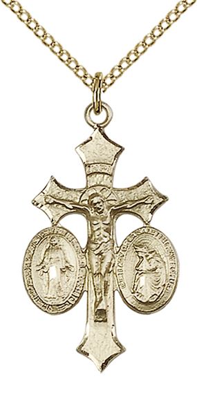 14KT GOLD FILLED JESUS, MARY, OUR LADY OF LA SALETTE PENDANT WITH CHAIN - 1 1/8" x 5/8"