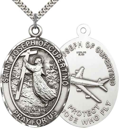 STERLING SILVER ST JOSEPH OF CUPERTINO PENDANT WITH CHAIN - 1 7/8" x 1 1/4"