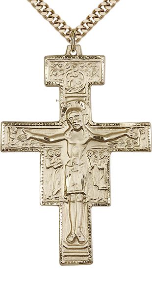 14KT GOLD FILLED SAN DAMIANO CRUCIFIX PENDANT WITH CHAIN - 2" x 1 3/8"