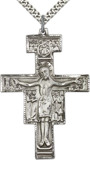 STERLING SILVER SAN DAMIANO CRUCIFIX PENDANT WITH CHAIN - 2" x 1 3/8"