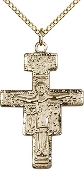 14KT GOLD FILLED SAN DAMIANO CRUCIFIX PENDANT WITH CHAIN - 1 1/4" x 7/8"