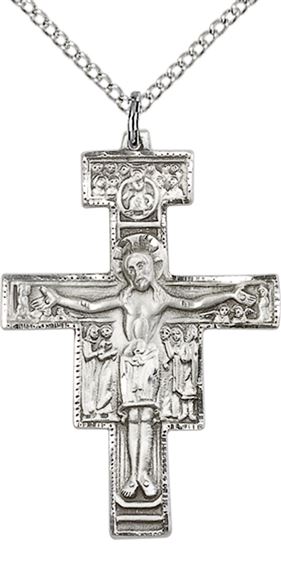 STERLING SILVER SAN DAMIANO CRUCIFIX PENDANT WITH CHAIN - 1 1/4" x 7/8"
