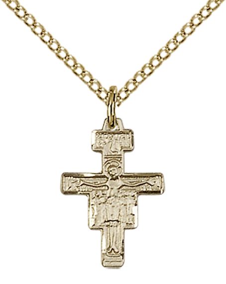 14KT GOLD FILLED SAN DAMIANO CRUCIFIX PENDANT WITH CHAIN - 5/8" x 3/8"