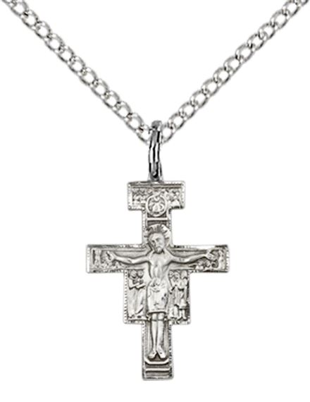 STERLING SILVER SAN DAMIANO CRUCIFIX PENDANT WITH CHAIN - 5/8" x 3/8"