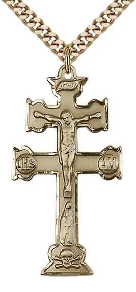 14KT GOLD FILLED CARAVACA CRUCIFIX PENDANT WITH CHAIN - 1 1/2" x 3/4"