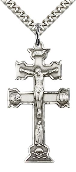 STERLING SILVER CARAVACA CRUCIFIX PENDANT WITH CHAIN - 1 1/2" x 3/4"