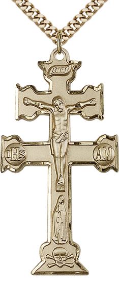 14KT GOLD FILLED CARAVACA CRUCIFIX PENDANT WITH CHAIN - 2" x 1"