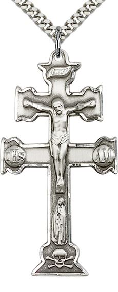 STERLING SILVER CARAVACA CRUCIFIX PENDANT WITH CHAIN - 2" x 1"