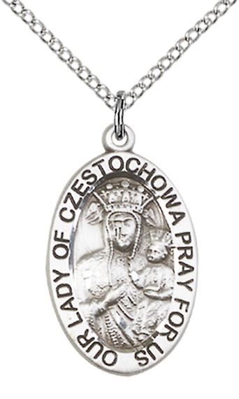 STERLING SILVER OUR LADY OF CZESTOCHOWA PENDANT WITH CHAIN - 7/8" x 1/2"
