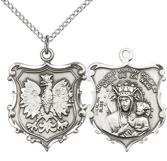 STERLING SILVER OUR LADY OF CZESTOCHOWA PENDANT WITH CHAIN - 1" x 3/4"