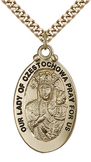 14KT GOLD FILLED OUR LADY OF CZESTOCHOWA PENDANT WITH CHAIN - 1 1/8" x 5/8"
