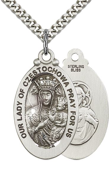 STERLING SILVER OUR LADY OF CZESTOCHOWA PENDANT WITH CHAIN - 1 1/8" x 5/8"