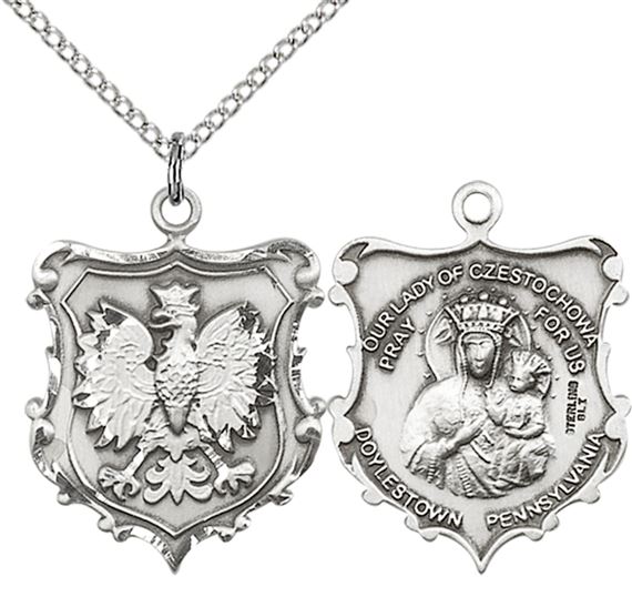 STERLING SILVER OUR LADY OF CZESTOCHOWA PENDANT WITH CHAIN - 7/8" x 3/4"