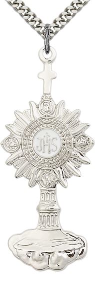 STERLING SILVER MONSTRANCE PENDANT WITH CHAIN - 2 1/8X 7/8"