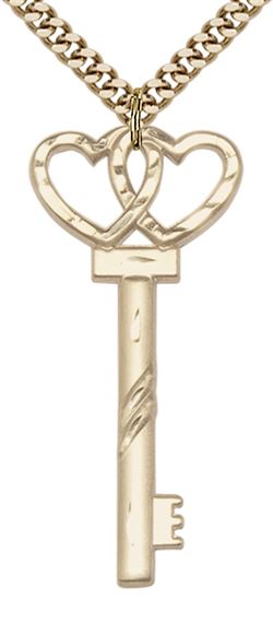 14KT GOLD FILLED SMALL KEY W-DOUBLE HEART PENDANT WITH CHAIN