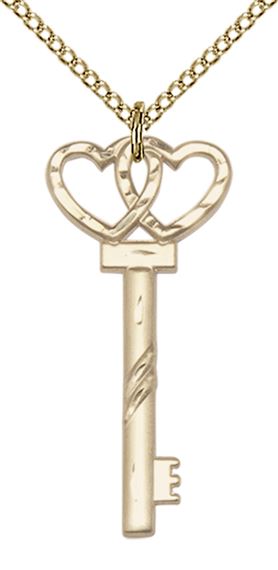 14KT GOLD FILLED SMALL KEY W-DOUBLE HEART PENDANT WITH CHAIN