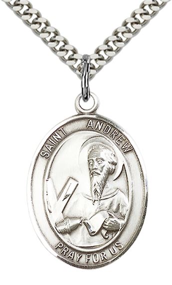 STERLING SILVER ST ANDREW THE APOSTLE PENDANT WITH CHAIN - 1" x 3/4"